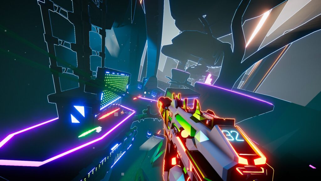 Unique art style and level design: The game's retro-futuristic art style and neon color scheme create an immersive and visually striking world. The levels themselves are constructed from interconnected rooms suspended high above the ground, adding to the game's overall excitement and sense of vertigo.