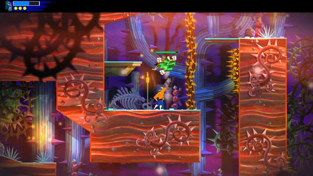 World-switching mechanic: One of the unique features of Guacamelee 2 is the ability to switch between the worlds of the living and the dead. This mechanic is used to solve puzzles and navigate through levels. Players must use their wits and timing to switch between the worlds to avoid obstacles, enemies, and traps.