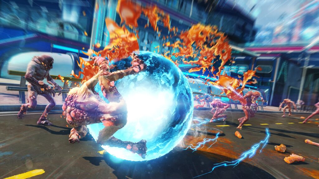 Fast-Paced Gameplay: The gameplay in Sunset Overdrive is highly kinetic, with an emphasis on movement and agility. Players traverse the city by grinding on rails, leaping from building to building, and using a variety of acrobatic maneuvers to avoid obstacles and stay one step ahead of the enemies.