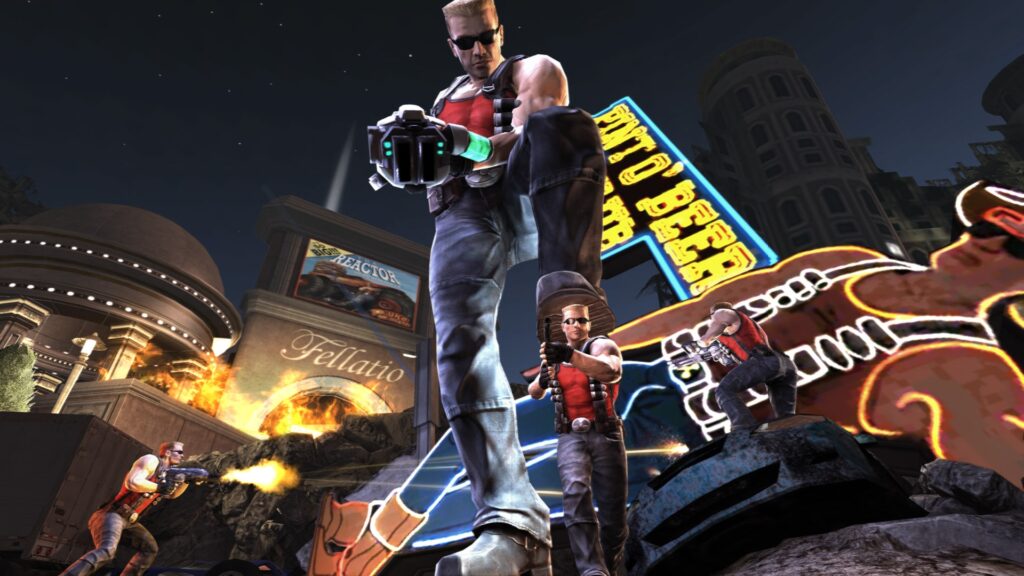 Interactivity: Duke Nukem Forever allows players to interact with the game environment in a variety of ways. Players can pick up and use objects as weapons, such as using a urinal to bash enemies or throwing a pool ball at their heads. The game also includes interactive elements such as pinball machines and air hockey tables that players can play.