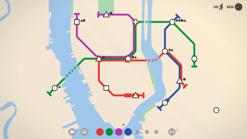 Simplistic gameplay: The game is easy to pick up and play, but challenging to master. The core mechanics are simple, but players must strategize and optimize their network to efficiently transport passengers.