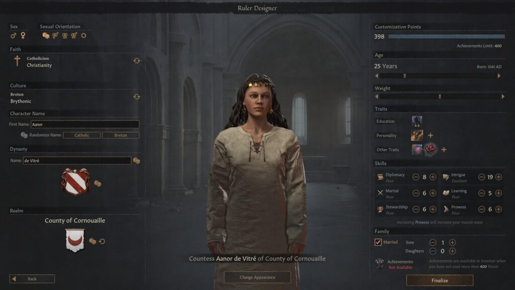 Customization: Players can create their own characters and dynasties with unique traits, abilities, and coat of arms. They can also choose their own objectives and goals, as well as adjusting the game's difficulty settings.