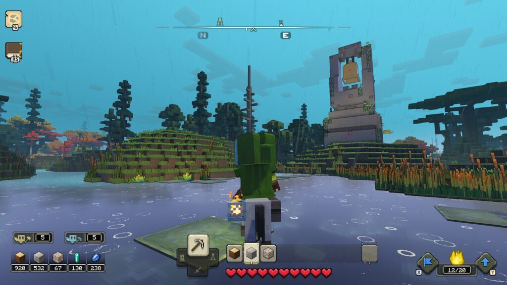 Crafting and resource gathering: In Minecraft Legends, players must gather resources like wood, stone, and iron to create tools and structures. They can also craft items and equipment like armor and potions to aid in their survival.