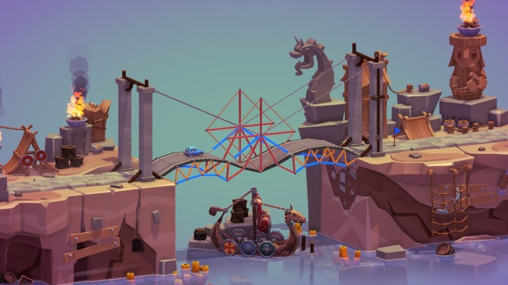 Physics-based Gameplay: With a sophisticated physics engine, Poly Bridge 3 brings the laws of physics to life. Experience the realistic behavior of materials, accurate weight distribution, and the impact of forces on your bridge creations. Test your designs and see how they hold up under the stress of vehicles crossing them.